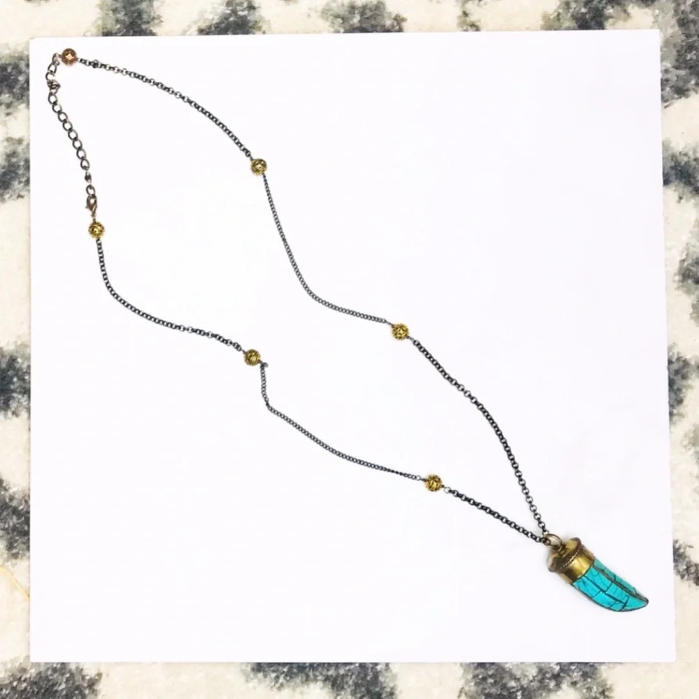 JUNIM Women's Horn Pendant Necklace Boho Turquoise Brass Gold‎ OS